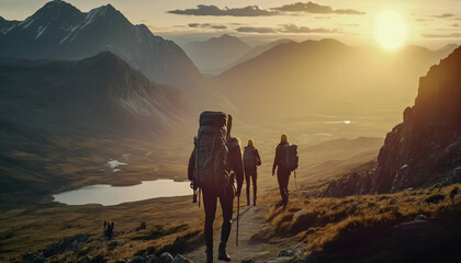 Healthy and scenic, Hikers carrying large backpacks walk through the mountains at sunset, Generative AI