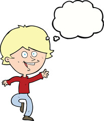 cartoon happy waving boy with thought bubble