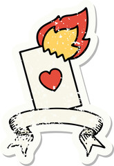 grunge sticker with banner of a flaming card