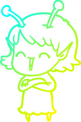 cold gradient line drawing cartoon alien girl laughing