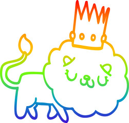 rainbow gradient line drawing cartoon lion with crown