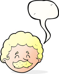 cartoon man with mustache with speech bubble