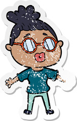 distressed sticker of a cartoon woman wearing spectacles