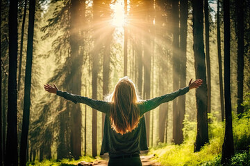 a free young woman breathes fresh air in the forest and spreads her arms. Generative Ai