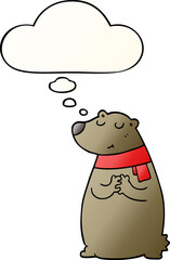 cartoon bear wearing scarf and thought bubble in smooth gradient style