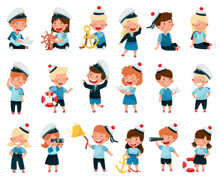 Small Children In Sailors Costumes Playing Vector Set