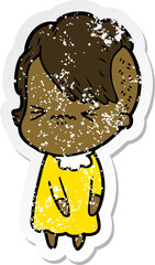 distressed sticker of a cartoon annoyed hipster girl