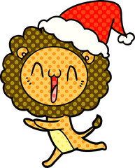 happy comic book style illustration of a lion wearing santa hat