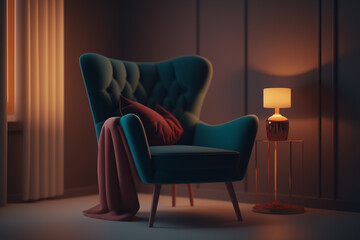 beautiful modern minimal interiors with modern armchair cinematic light. Generative AI
