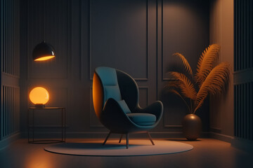 beautiful modern minimal interiors with modern armchair cinematic light. Generative AI