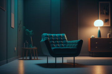 beautiful modern minimal interiors with modern armchair cinematic light. Generative AI