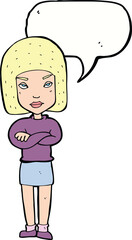 cartoon woman with crossed arms with speech bubble