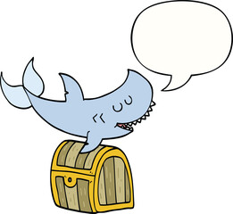 cartoon shark swimming over treasure chest and speech bubble