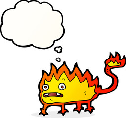cartoon little fire demon with thought bubble