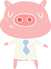 flat color style cartoon content pig in shirt and tie