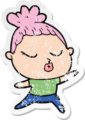 distressed sticker of a cartoon calm woman