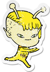 distressed sticker of a cute cartoon alien girl