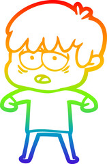 rainbow gradient line drawing cartoon exhausted boy
