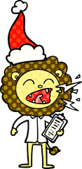 comic book style illustration of a roaring lion doctor wearing santa hat
