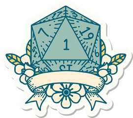 natural one d20 dice roll sticker