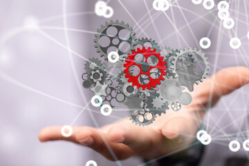 gear system data. Connecting lines and dots.Big data visualization  - 3D digital