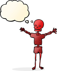 cartoon skeleton in clothes with thought bubble