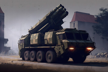 Heavy Mobile rocket artillery system or Air defense military truck in the destructed city illustration. Ready for rocket launching