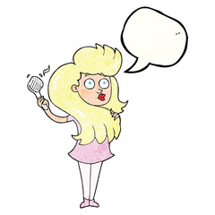 speech bubble textured cartoon woman brushing hair