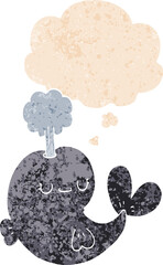 cute cartoon whale and thought bubble in retro textured style