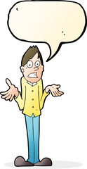 cartoon man shrugging shoulders with speech bubble