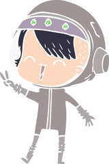 Fototapeta premium happy flat color style cartoon space girl giving peace sign