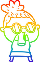 rainbow gradient line drawing cartoon shy woman wearing spectacles