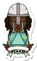 crying human fighter with natural one D20 dice sticker