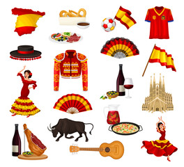 Spanish Traditional Symbols and Objects with Flag and Food Vector Set - obrazy, fototapety, plakaty