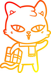 warm gradient line drawing cartoon cat with a present