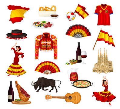 Spanish Traditional Symbols and Objects with Flag and Food Vector Set