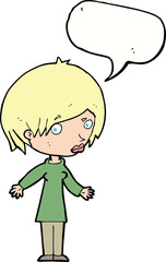 cartoon woman shrugging shoulders with speech bubble
