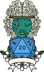 half orc barbarian character with natural 20 dice roll illustration