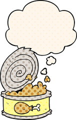cartoon canned food and thought bubble in comic book style