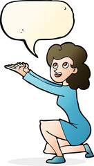 cartoon woman presentation gesture with speech bubble