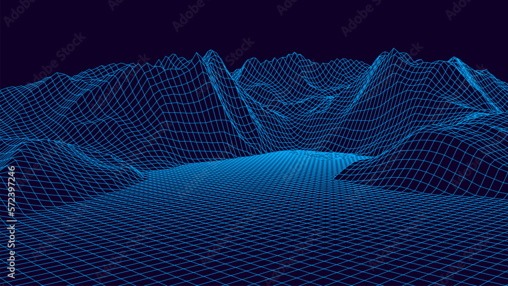 Poster futuristic digital neon grid landscape background. abstract dynamic retro mountains backdrop. big da