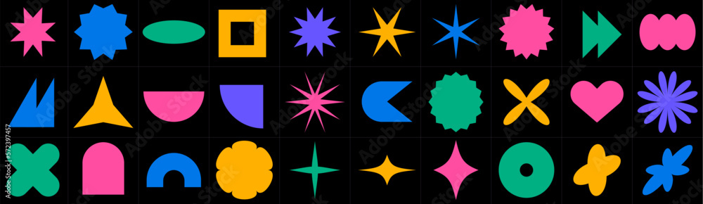 Poster geometric figures in the style of brutalism. trendy geometry. crowns and stars and daisy flowers. se