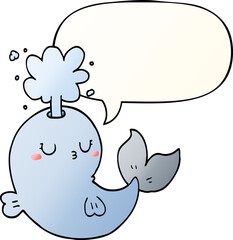 cartoon whale spouting water and speech bubble in smooth gradient style