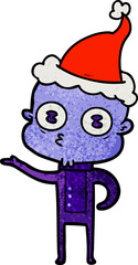 textured cartoon of a weird bald spaceman wearing santa hat
