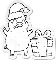 distressed sticker of a cartoon happy christmas pig
