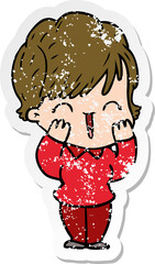 distressed sticker of a cartoon laughing woman