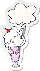 cartoon ice cream soda girl and thought bubble as a distressed worn sticker