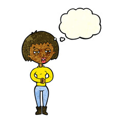 cartoon tired woman with thought bubble
