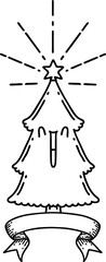 banner with black line work tattoo style christmas tree with star