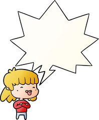 cartoon girl sticking out tongue and speech bubble in smooth gradient style